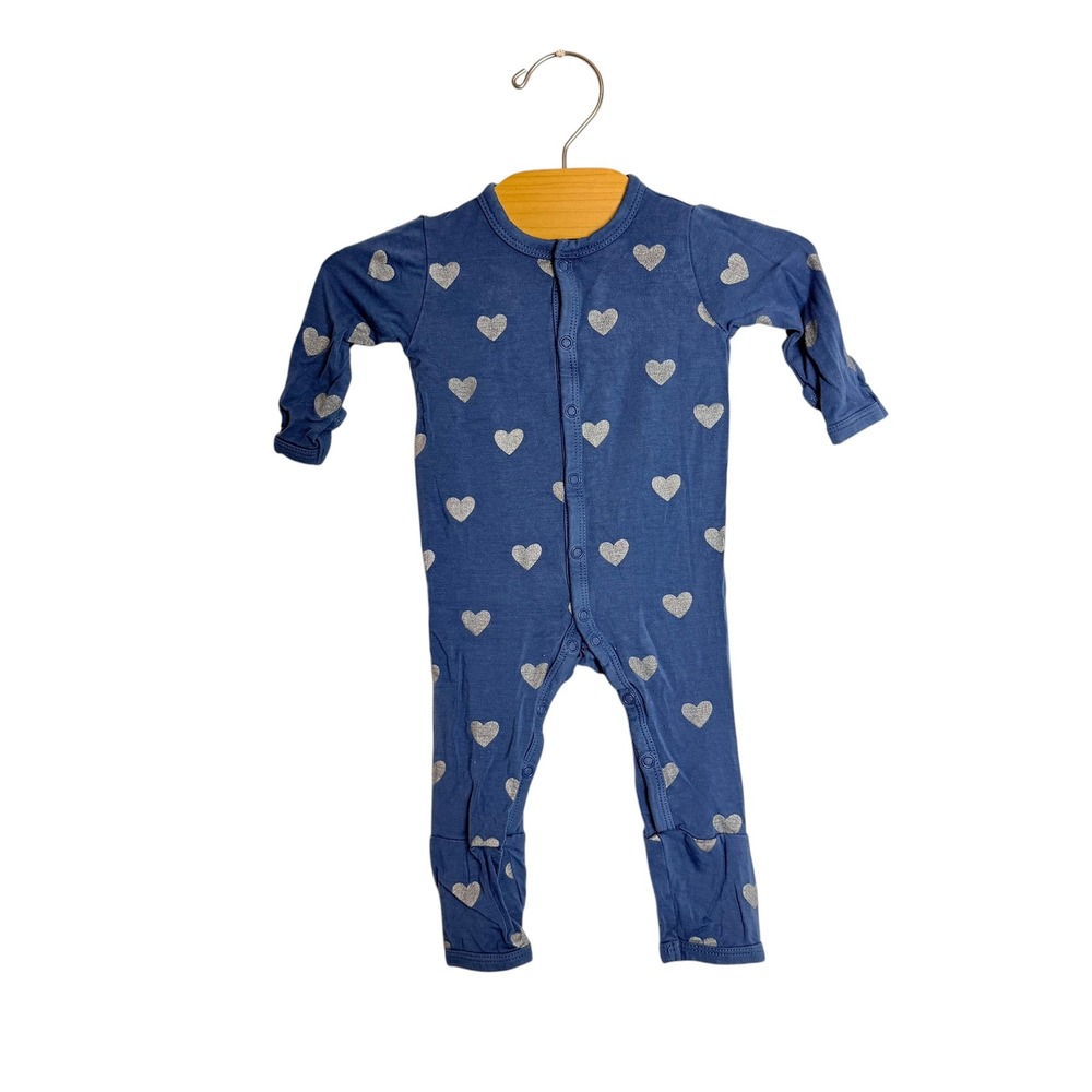 Kyte Baby Blue Silver Glitter Heart Bamboo Snap Romper 0-3 Months Pajamas